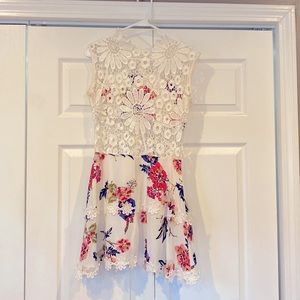 White floral lace sleeveless summer mini dress with shorts, size S